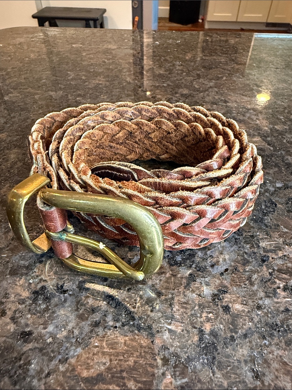 Braided Leather Belt with Brass Tone Buckle - Brown size 36